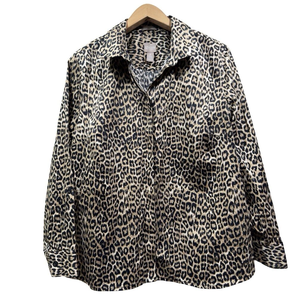 CHICO's Women's Size L Wrinkle Resistant Career Button Up Leopard Print Shirt
